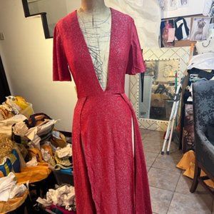 Women's Red Sparkle low-cut floor-lenth high-slit Dress